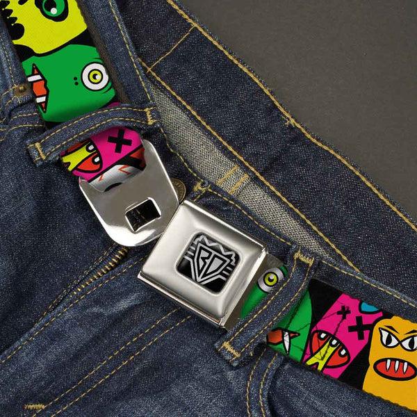 Buckle Down BD Wings Logo CLOSE-UP Full Color Black Silver Seatbelt Belt - Monsters CLOSE-UP Black Webbing