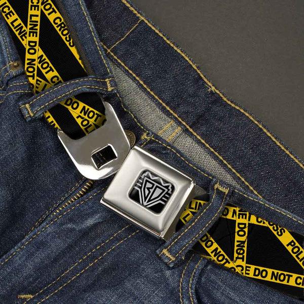 Buckle Down BD Wings Logo CLOSE-UP Full Color Black Silver Seatbelt Belt - Police Line Black/Yellow Webbing