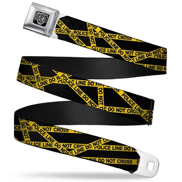 buckle down BD Wings Logo CLOSE-UP Full Color Black Silver Seatbelt Belt - Police Line Black/Yellow Webbing