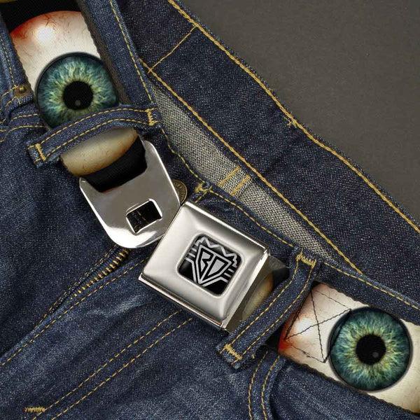 Buckle Down BD Wings Logo CLOSE-UP Full Color Black Silver Seatbelt Belt - Vivid Blue Eyeball Black Webbing