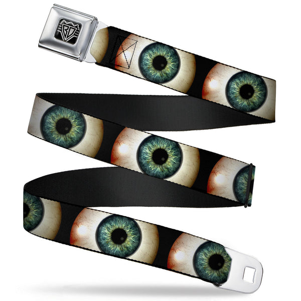 buckle down BD Wings Logo CLOSE-UP Full Color Black Silver Seatbelt Belt - Vivid Blue Eyeball Black Webbing