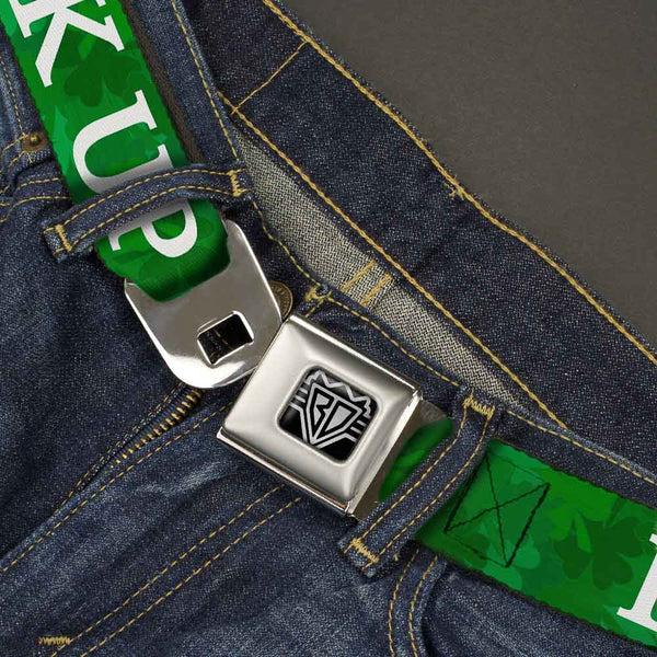 Buckle Down BD Wings Logo CLOSE-UP Full Color Black Silver Seatbelt Belt - St. Pat's DRINK UP BITCHES/Stacked Shamrocks Greens/White Webbing
