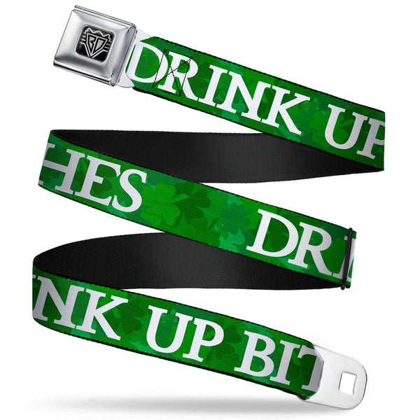 buckle down BD Wings Logo CLOSE-UP Full Color Black Silver Seatbelt Belt - St. Pat's DRINK UP BITCHES/Stacked Shamrocks Greens/White Webbing
