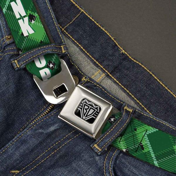 Buckle Down BD Wings Logo CLOSE-UP Full Color Black Silver Seatbelt Belt - St. Pat's DRINK UP BITCHES/Beer Mugs/Stacked Shamrocks Greens/White/Gold Webbing