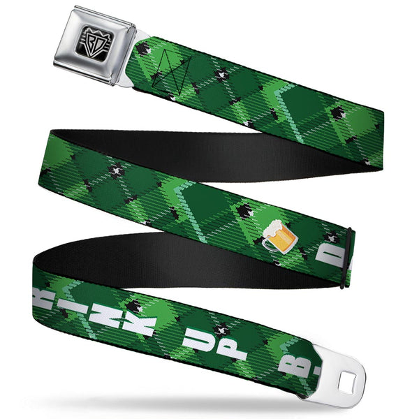 buckle down BD Wings Logo CLOSE-UP Full Color Black Silver Seatbelt Belt - St. Pat's DRINK UP BITCHES/Beer Mugs/Stacked Shamrocks Greens/White/Gold Webbing