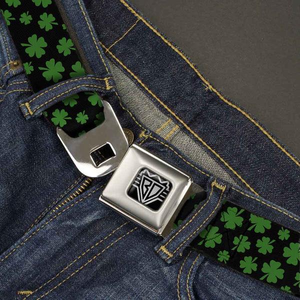 Buckle Down BD Wings Logo CLOSE-UP Full Color Black Silver Seatbelt Belt - St. Pat's Clovers Scattered Black/Green Webbing