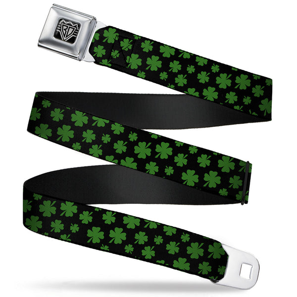 buckle down BD Wings Logo CLOSE-UP Full Color Black Silver Seatbelt Belt - St. Pat's Clovers Scattered Black/Green Webbing
