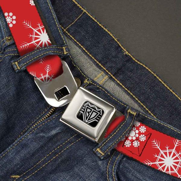 Buckle Down BD Wings Logo CLOSE-UP Full Color Black Silver Seatbelt Belt - Snowflakes Red/White Webbing
