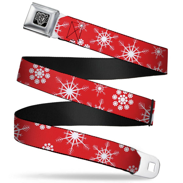buckle down BD Wings Logo CLOSE-UP Full Color Black Silver Seatbelt Belt - Snowflakes Red/White Webbing