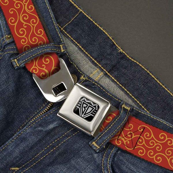 Buckle Down BD Wings Logo CLOSE-UP Full Color Black Silver Seatbelt Belt - Holiday Trim Swirls Red/Gold Webbing