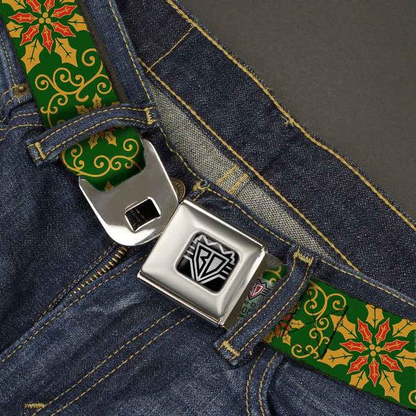 Buckle Down BD Wings Logo CLOSE-UP Full Color Black Silver Seatbelt Belt - Holiday Holly Green/Gold/Red Webbing
