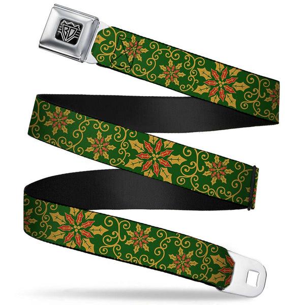 buckle down BD Wings Logo CLOSE-UP Full Color Black Silver Seatbelt Belt - Holiday Holly Green/Gold/Red Webbing
