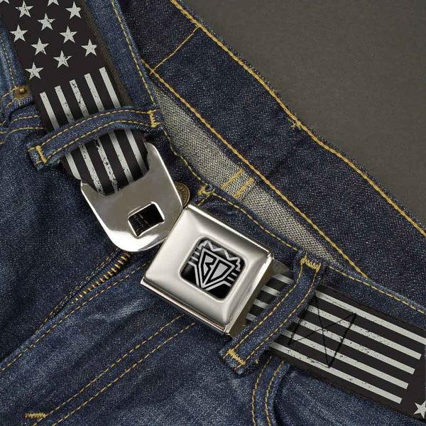 Buckle Down BD Wings Logo CLOSE-UP Full Color Black Silver Seatbelt Belt - Americana Stars & Stripes2 Weathered Black/Gray Webbing