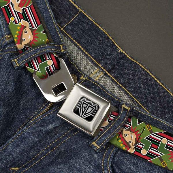 Buckle Down BD Wings Logo CLOSE-UP Full Color Black Silver Seatbelt Belt - Christmas Elves/Stripes Black/Red/White/Green Webbing