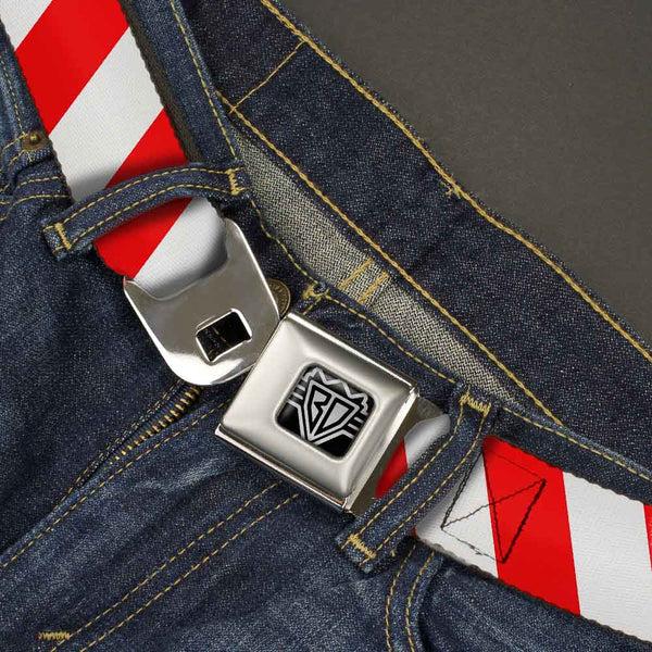 Buckle Down BD Wings Logo CLOSE-UP Full Color Black Silver Seatbelt Belt - Candy Cane2 Stripe White/Red Webbing