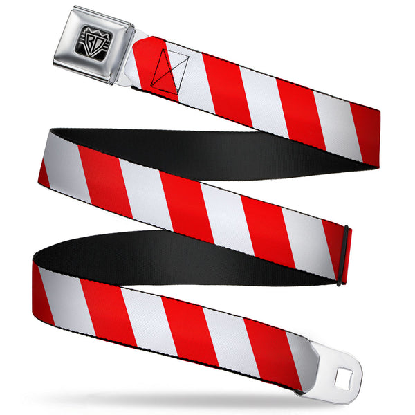 buckle down BD Wings Logo CLOSE-UP Full Color Black Silver Seatbelt Belt - Candy Cane2 Stripe White/Red Webbing