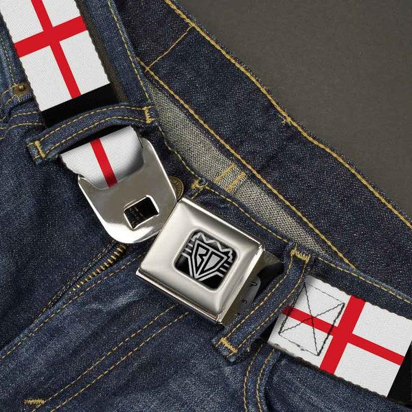 Buckle Down BD Wings Logo CLOSE-UP Full Color Black Silver Seatbelt Belt - England Flags Webbing