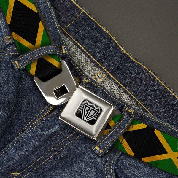 Buckle Down BD Wings Logo CLOSE-UP Full Color Black Silver Seatbelt Belt - Jamaica Flags Vintage Black Webbing