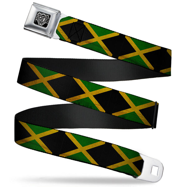 buckle down BD Wings Logo CLOSE-UP Full Color Black Silver Seatbelt Belt - Jamaica Flags Vintage Black Webbing