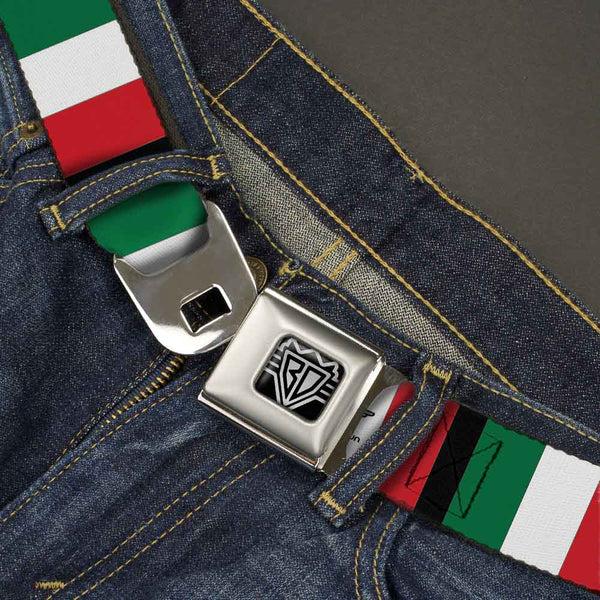 Buckle Down BD Wings Logo CLOSE-UP Full Color Black Silver Seatbelt Belt - Italy Flags Webbing