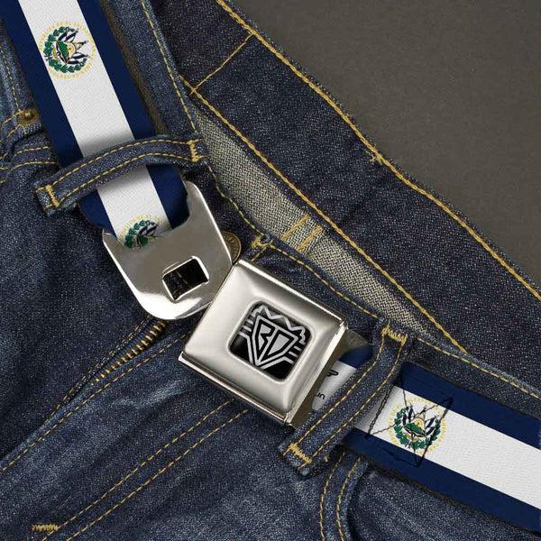 Buckle Down BD Wings Logo CLOSE-UP Full Color Black Silver Seatbelt Belt - El Salvador Flag Webbing
