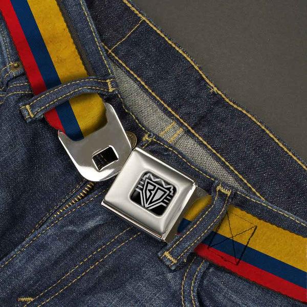 Buckle Down BD Wings Logo CLOSE-UP Full Color Black Silver Seatbelt Belt - Colombia Flag Distressed Webbing