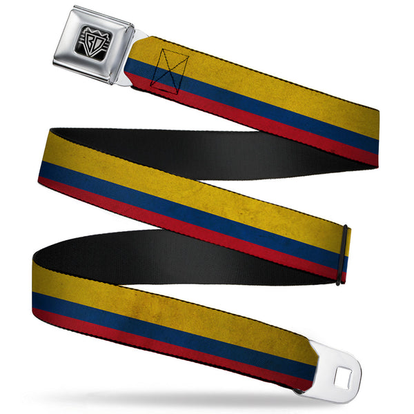 buckle down BD Wings Logo CLOSE-UP Full Color Black Silver Seatbelt Belt - Colombia Flag Distressed Webbing