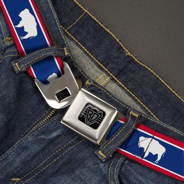 Buckle Down BD Wings Logo CLOSE-UP Full Color Black Silver Seatbelt Belt - Wyoming Flags Bison Silhouette Webbing