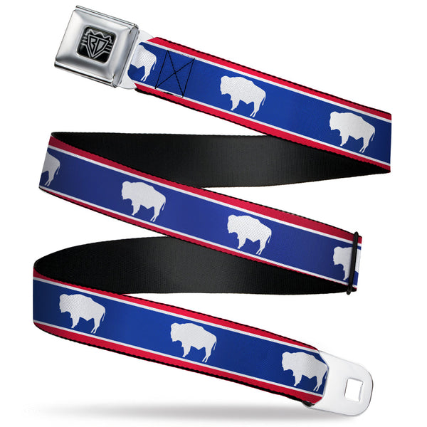 buckle down BD Wings Logo CLOSE-UP Full Color Black Silver Seatbelt Belt - Wyoming Flags Bison Silhouette Webbing