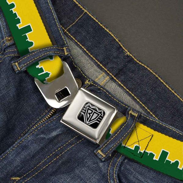 Buckle Down BD Wings Logo CLOSE-UP Full Color Black Silver Seatbelt Belt - Seattle Skyline Yellow/Emerald Green Webbing