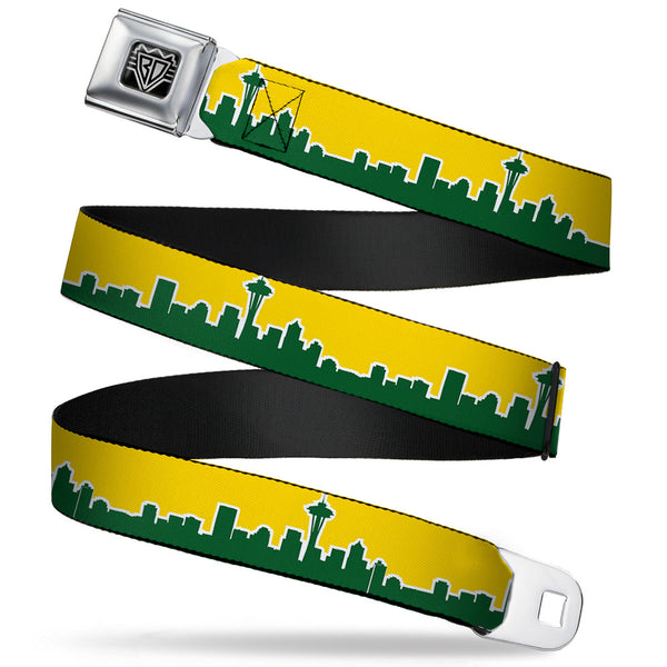 buckle down BD Wings Logo CLOSE-UP Full Color Black Silver Seatbelt Belt - Seattle Skyline Yellow/Emerald Green Webbing
