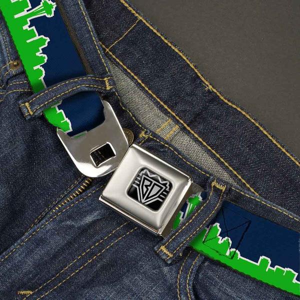 Buckle Down BD Wings Logo CLOSE-UP Full Color Black Silver Seatbelt Belt - Seattle Skyline Navy/Lime Green Webbing