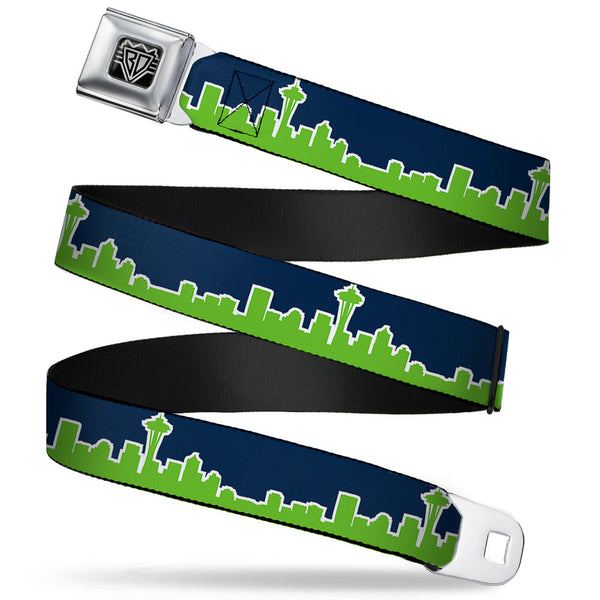 buckle down BD Wings Logo CLOSE-UP Full Color Black Silver Seatbelt Belt - Seattle Skyline Navy/Lime Green Webbing