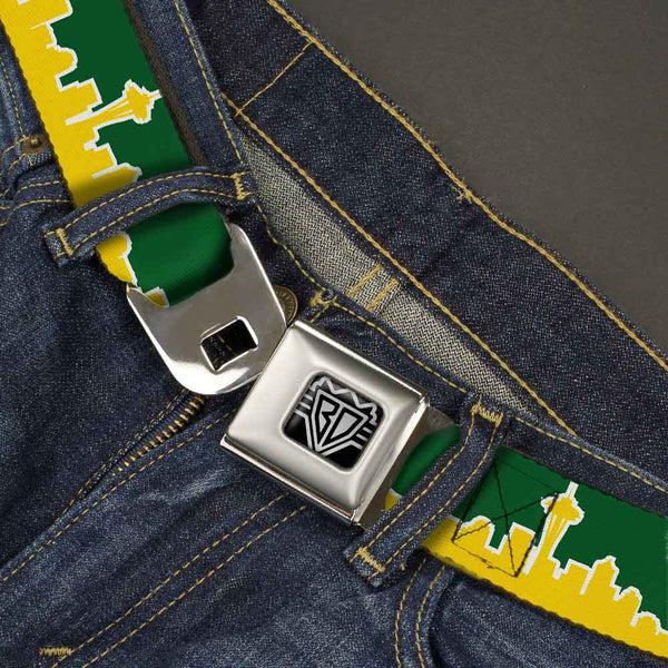 Buckle Down BD Wings Logo CLOSE-UP Full Color Black Silver Seatbelt Belt - Seattle Skyline Green/Yellow Webbing