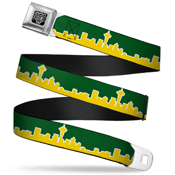 buckle down BD Wings Logo CLOSE-UP Full Color Black Silver Seatbelt Belt - Seattle Skyline Green/Yellow Webbing