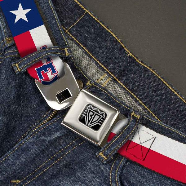 Buckle Down BD Wings Logo CLOSE-UP Full Color Black Silver Seatbelt Belt - Texas Flag/TEXAS Webbing