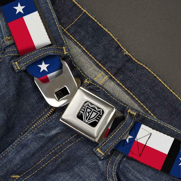 Buckle Down BD Wings Logo CLOSE-UP Full Color Black Silver Seatbelt Belt - Texas Flag/Black Webbing