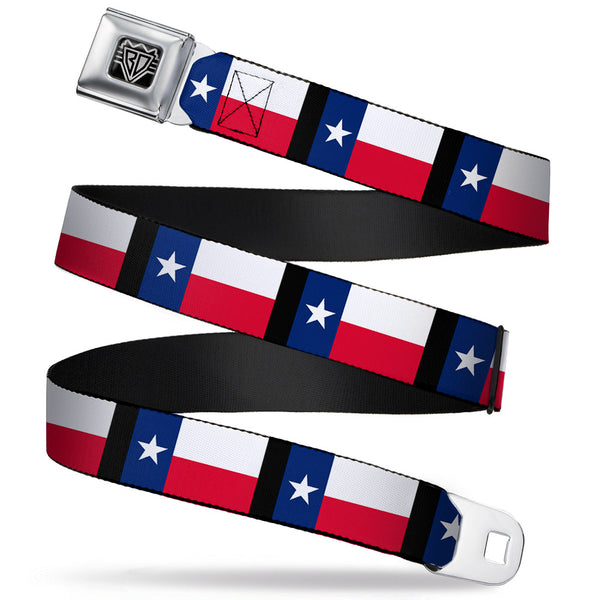 buckle down BD Wings Logo CLOSE-UP Full Color Black Silver Seatbelt Belt - Texas Flag/Black Webbing