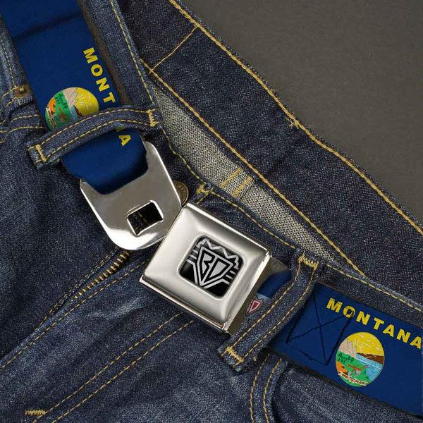 Buckle Down BD Wings Logo CLOSE-UP Full Color Black Silver Seatbelt Belt - Montana Flags Webbing