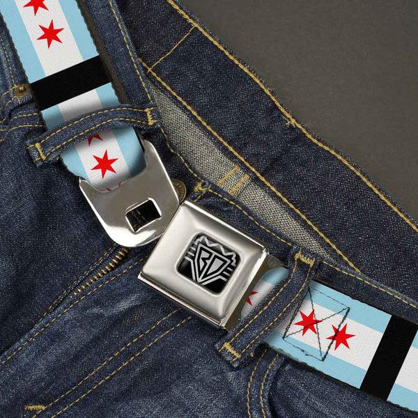 Buckle Down BD Wings Logo CLOSE-UP Full Color Black Silver Seatbelt Belt - Chicago Flags/Black Webbing