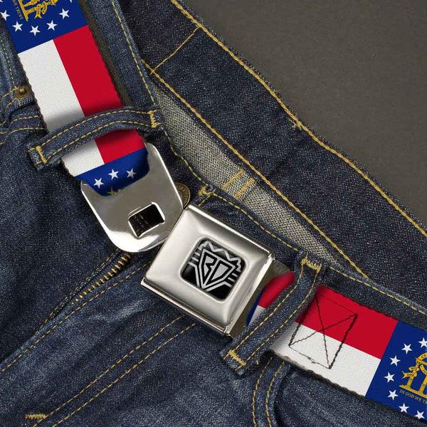 Buckle Down BD Wings Logo CLOSE-UP Full Color Black Silver Seatbelt Belt - Georgia Flag Webbing