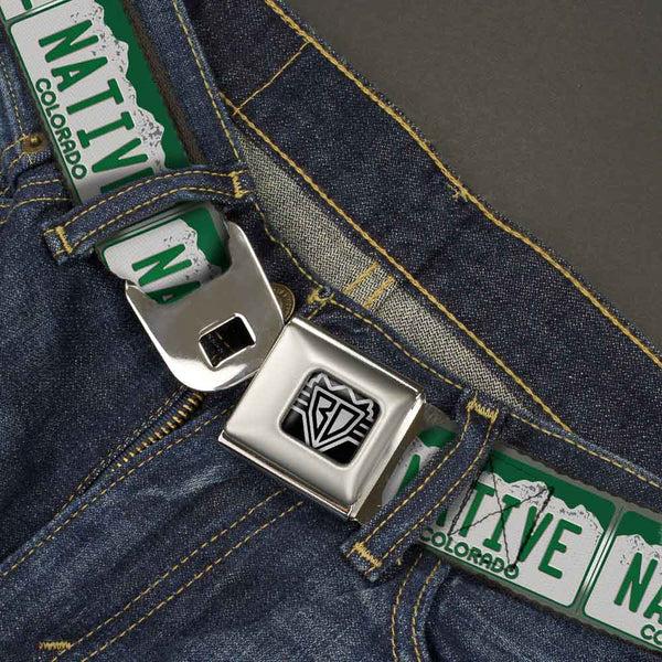 Buckle Down BD Wings Logo CLOSE-UP Full Color Black Silver Seatbelt Belt - Colorado License Plate NATIVE Webbing