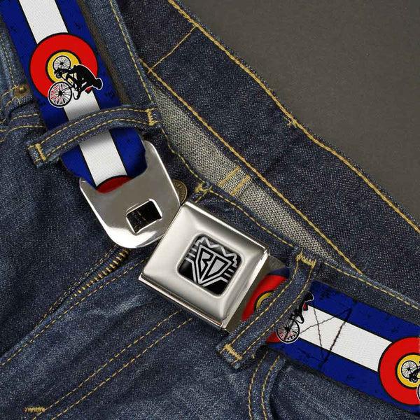 Buckle Down BD Wings Logo CLOSE-UP Full Color Black Silver Seatbelt Belt - Colorado Biker Distressed Webbing