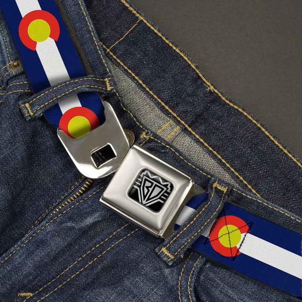 Buckle Down BD Wings Logo CLOSE-UP Full Color Black Silver Seatbelt Belt - Colorado Flags2 Repeat Webbing