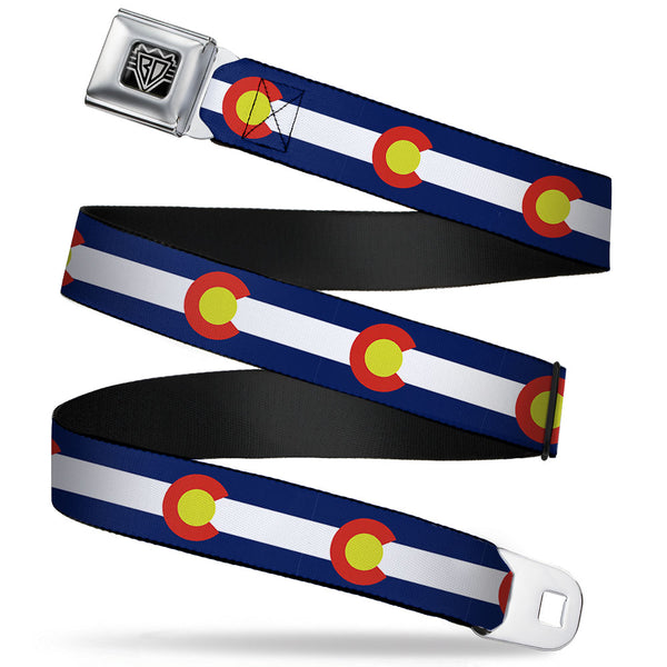 buckle down BD Wings Logo CLOSE-UP Full Color Black Silver Seatbelt Belt - Colorado Flags2 Repeat Webbing