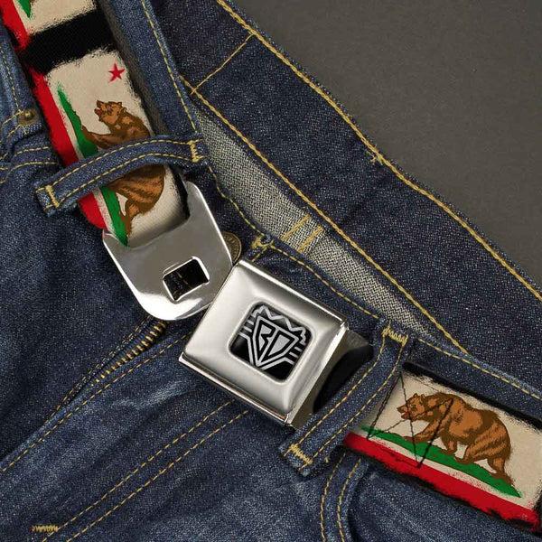 Buckle Down BD Wings Logo CLOSE-UP Full Color Black Silver Seatbelt Belt - California Flag Distressed Painting Blocks Webbing