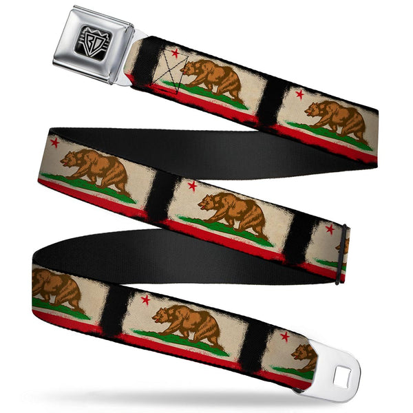 buckle down BD Wings Logo CLOSE-UP Full Color Black Silver Seatbelt Belt - California Flag Distressed Painting Blocks Webbing