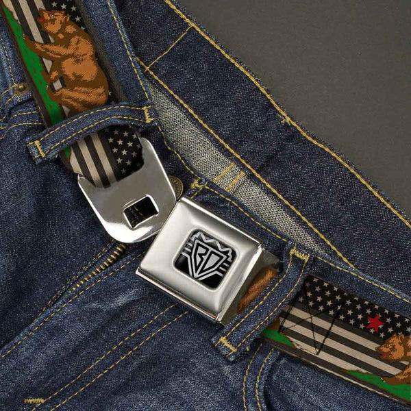 Buckle Down BD Wings Logo CLOSE-UP Full Color Black Silver Seatbelt Belt - Cali Bear/Star/US Flag Stretch Black/White/Red Webbing