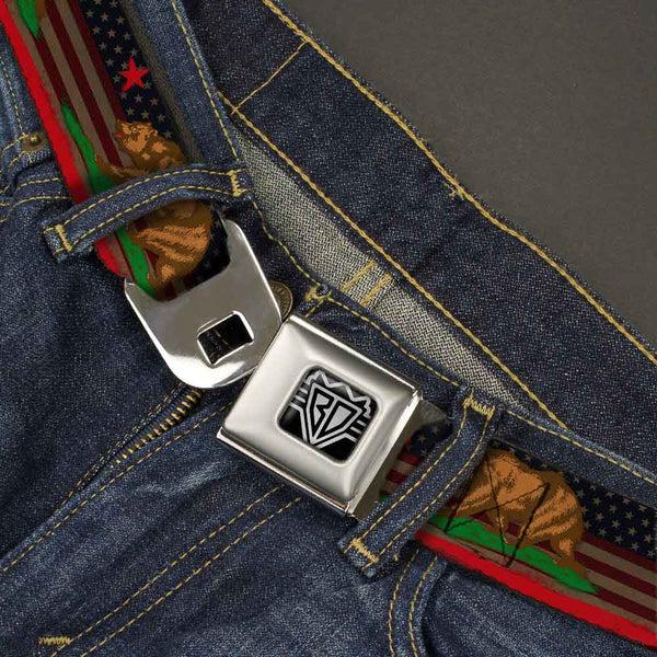 Buckle Down BD Wings Logo CLOSE-UP Full Color Black Silver Seatbelt Belt - Cali Bear/Star/Stripe/US Flag Stretch Webbing