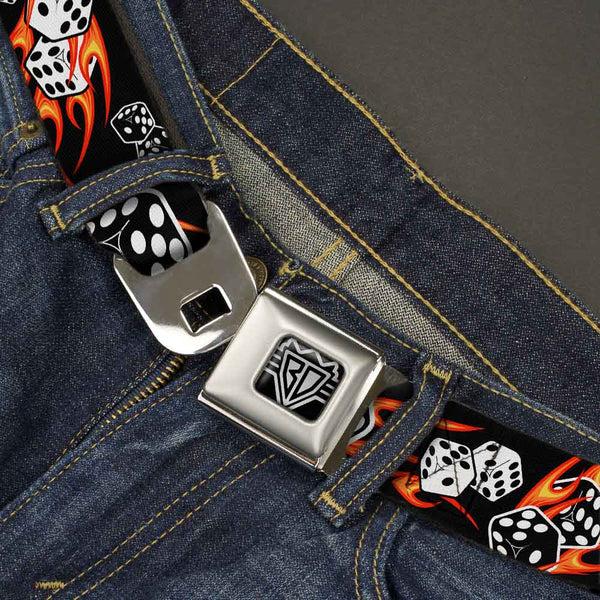Buckle Down BD Wings Logo CLOSE-UP Full Color Black Silver Seatbelt Belt - Flaming Dice Webbing